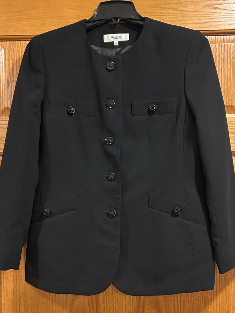 Jones Studio Black Collarless Lined Blazer with Decorative Buttons Size 14